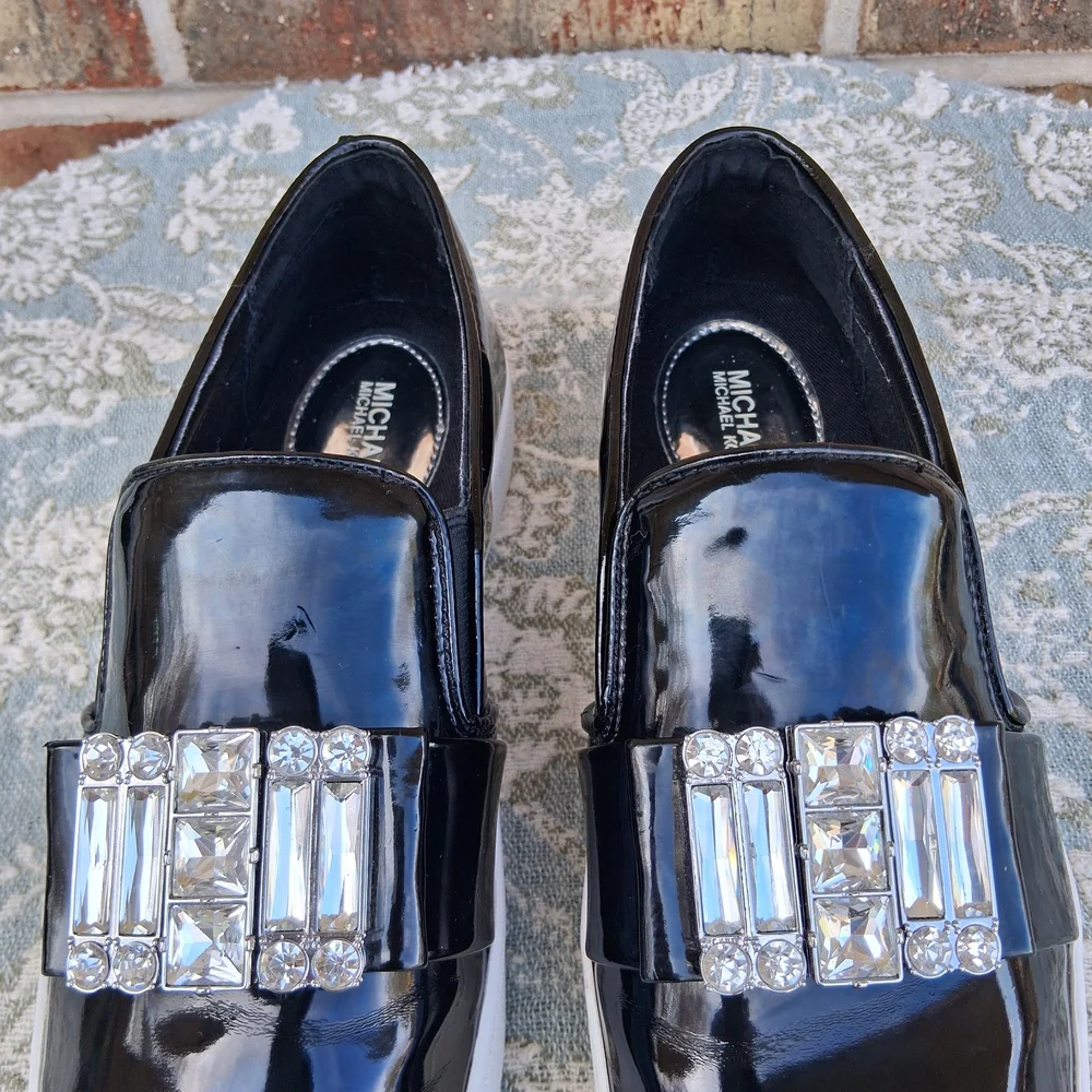 🏵 MICHAEL Michael Kors Black Patent Leather Slip On Sneakers with Crystals Sz.6 - Picture 5 of 14